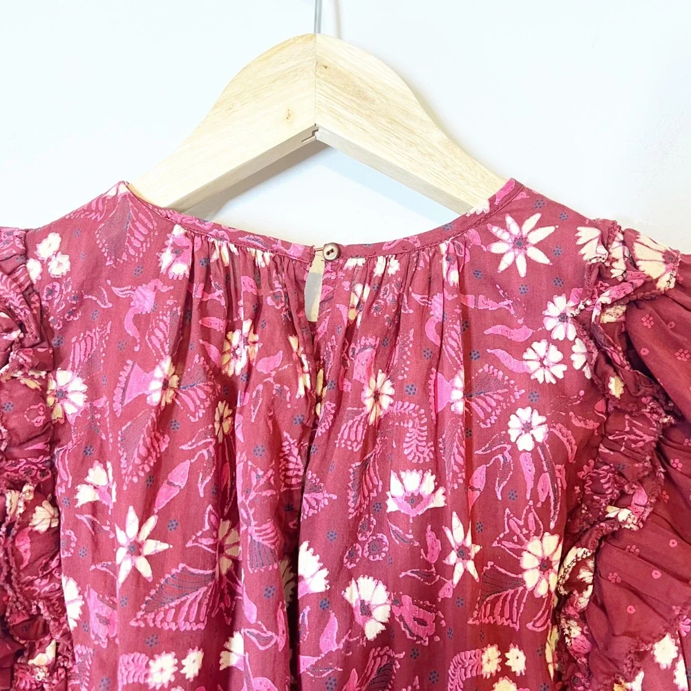 Ulla Johnson Arbor Burgundy Floral Ruffle Puff Sleeve Blouse Top Size 4